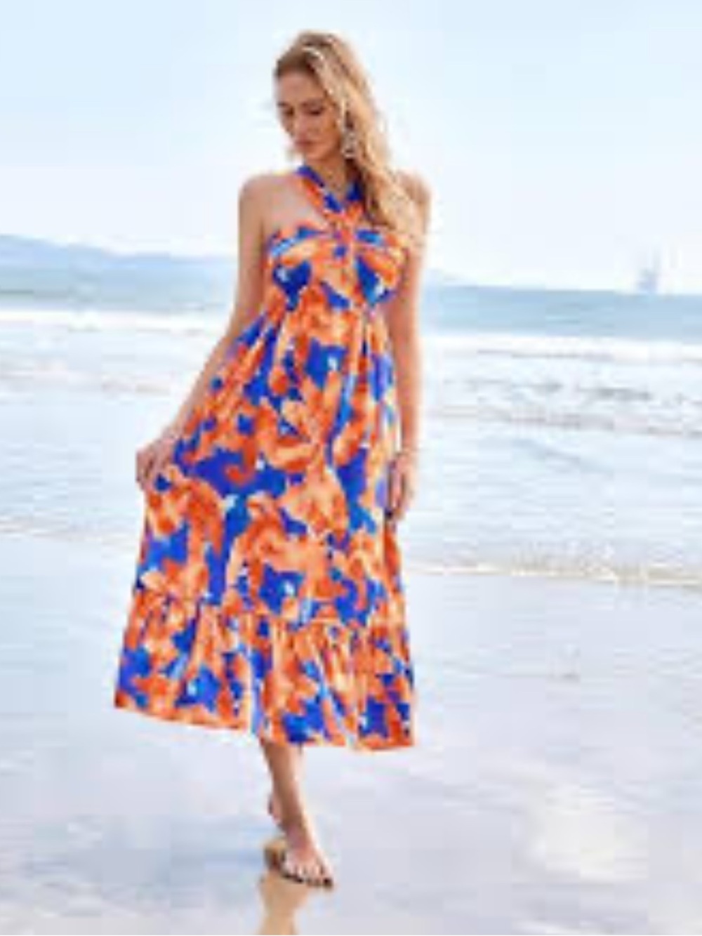 NWT Grace Karin Blue and Orange Tropical Halter Maxi Dress ladies large
